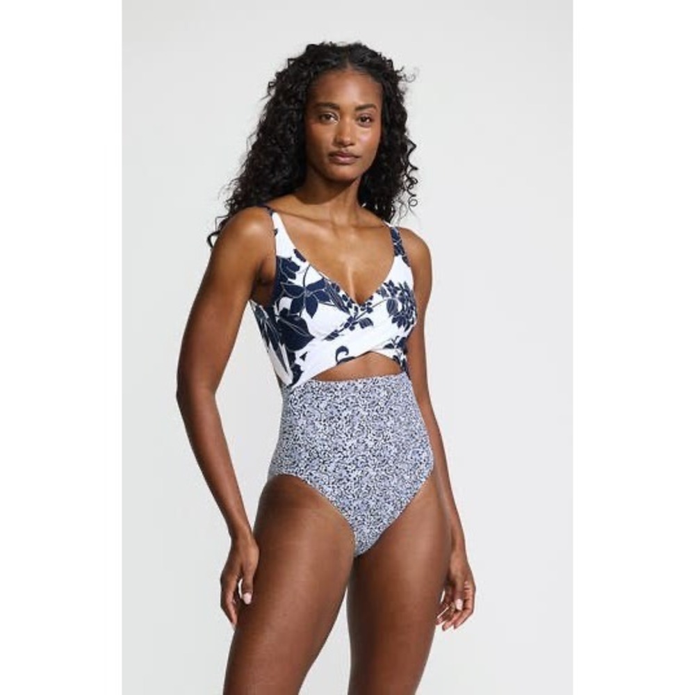 NWT Lands' End | One Piece White/Deep Sea Navy Lilies Mix Swimsuit 12 Blue